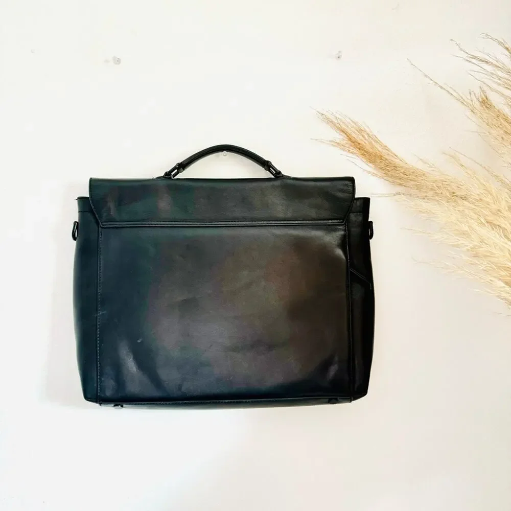 COLE HAAN Black Leather Warner Briefcase Travel Bag Zipper Pocket Laptop Case